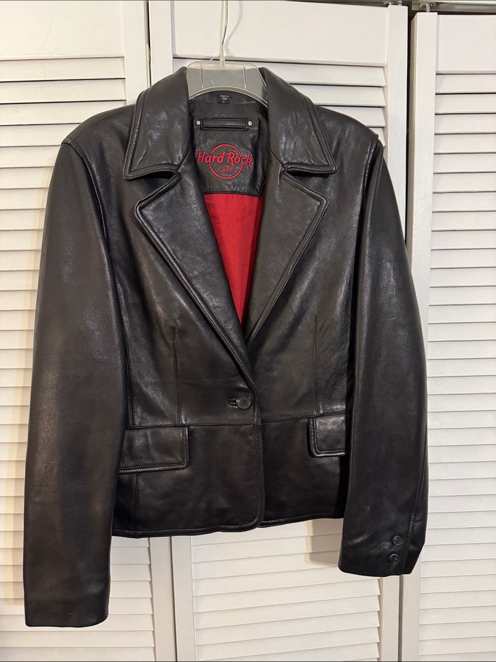 Hard Rock Cafe Black Leather Women's Blazer with Red Lining Accent